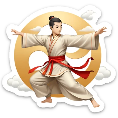 Emblem symbolizing Wushu martial arts. A graceful martial artist performs a dynamic kung fu pose, with flowing movements and a long, elegant robe. The background features stylized clouds and traditional Chinese symbols, representing fluidity, balance, and precision. Transparent background. sticker