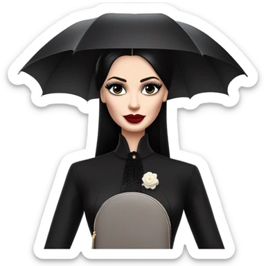 Parisienne Pretty Barbie Morticia Addams at a rainy funeral under umbrella, accessories gloves carrying clutch  sticker