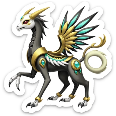 Colorful Shiny Tribal Skeletal masked armored Meloetta-Silvally-Solgaleo-Raikou-Pokémon-Digimon-Fakémon-fusion-hybrid-creature, full body sticker