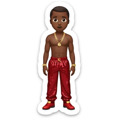 P Diddy with dark brown hair, dark red sequin baggy pants, shirtless with necklace sticker