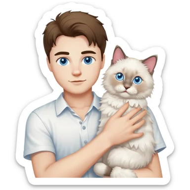A young handsome Caucasian man in a white shirt holding a ragdoll cat sticker