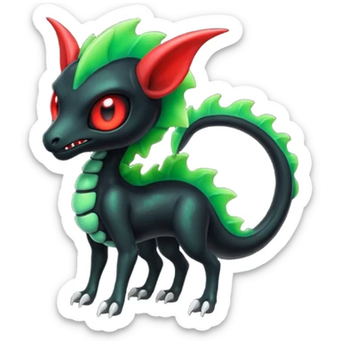 Evil horned glowing scary spooky Obsidian-black and neon-glowing-green skeletal Meloetta-Salandit-Nargacuga-Zygarde-Pokémon-Fakémon-creature-fusion-hybrid with glowing crimson-red evil slit eyes sticker