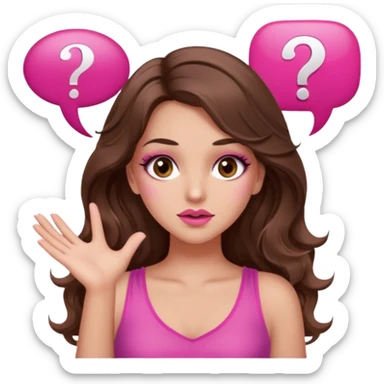 girl with long wavy brown hair, brown eyes, long lashes makeup, sexy pink lips, light to medium complexion, wearing a pink sexy top, shugging, question mark one speech bubble sticker