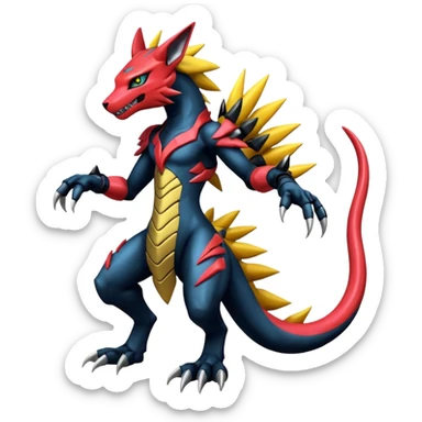 Modern anthropomorphic furry futuristic shiny colorful Zeraora-Salandit-Guilmon-fusion (full body) sticker