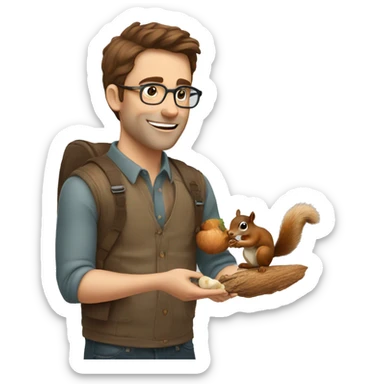 A man with brown hair, glasses and fair skin, feeds a squirrel with nuts sticker