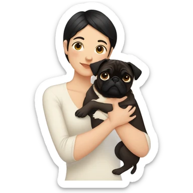 Lesbian woman with dark short hair, causacian skin, hugging a pug sticker