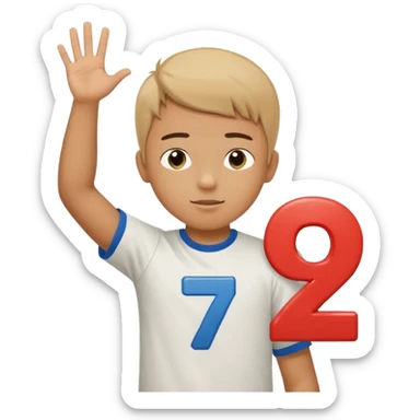 Boy doing 67 with hands in the air up to his chest and he is holding 6 in one hand and seven in the other sticker