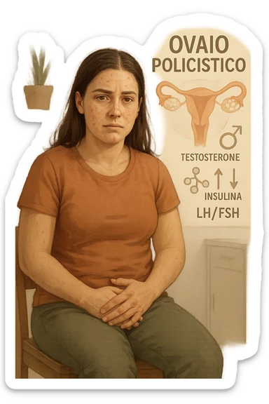 Donna tra i 25 e i 35 anni, con espressione stanca ma determinata, seduta in uno studio medico o nella sua stanza, con mani sul basso ventre. Sullo sfondo un diagramma trasparente o fluttuante di ovaie con cisti multiple, ormoni stilizzati in disequilibrio (testosterone, insulina, LH/FSH). Leggeri segni visivi di sintomi tipici: acne sul viso, lieve aumento di peso, capelli leggermente diradati in zona frontale. Ambiente realistico ma con elementi educativi e simbolici. Toni tenui ma caldi, stile empatico e informativo. in italiano sticker