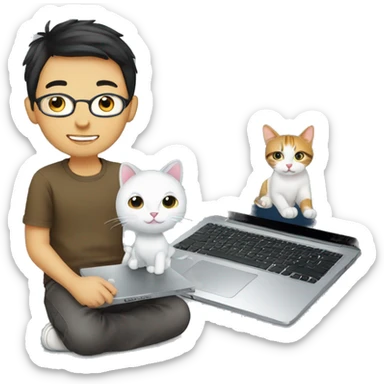 boy with cat, laptop, glass, asian sticker