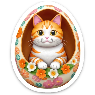 cat sitting in a decorated Easter egg made of sushi, colorful Easter patterns on the sushi egg sticker