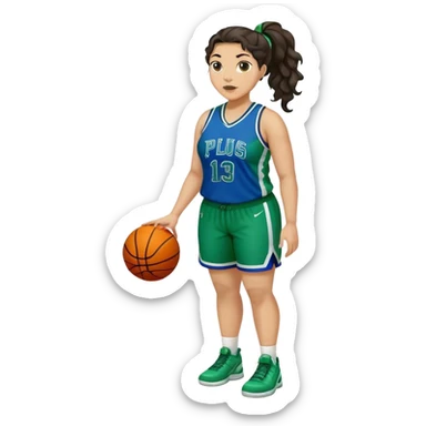 full body plus size light skin latino women basketball player with wavy dark hair in pony tail wide nose wearing blue with green uniform sticker