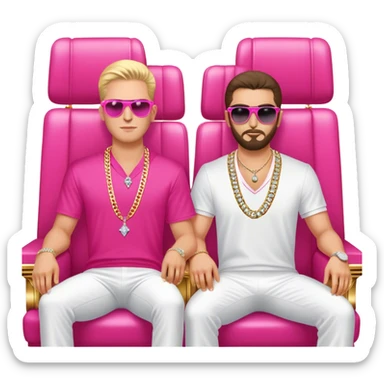 Celebrity millionaire entrepreneur Branden Condy & Alex Hormozi, designer fit, 3 diamond tennis chains, seated on a massive gold throne, sunglasses on, hot pink private jet behind him sticker