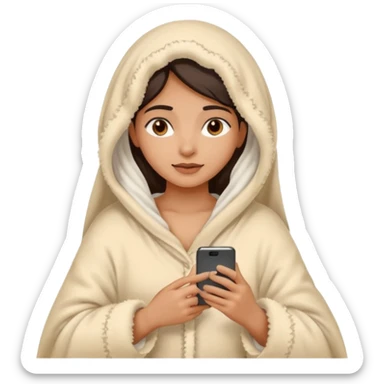 a pretty bratz fair indian girl covered in blanket, wearing beige pajamas, using phone sticker