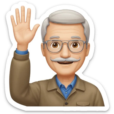 60 yr man with partially gray hair, mustache, light glasses, waving hello sticker