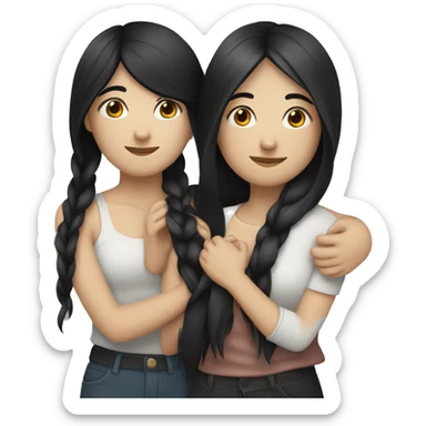 A lesbian couple with white skin and long black hair hugging intimately sticker
