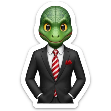 A reptilian humanoid dressing a suit, striped red and white tie, human emoji style, his face is seriously and sarcastic sticker
