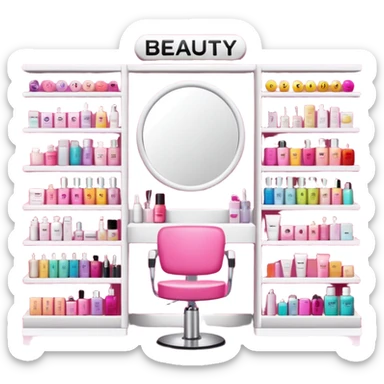 big beauty salon showcase with well-organized brand-labeled beauty products on a white shelves, emoji style, with a nearby hairstylist chair in pink color and a big mirror, more products sticker