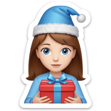 excited girl with brown hair and blue eyes, holding a present and wearing a birthday hat sticker