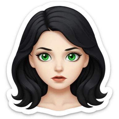 Mean looking white girl with long, wavy black hair, green eyes, and wearing makeup. sticker