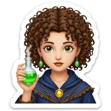 moon punk druid woman short tight curly brown hair glowing potion sticker