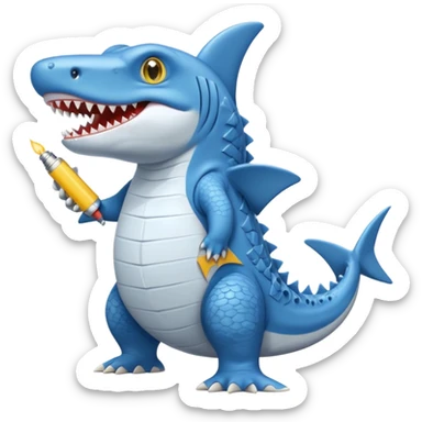 Appearance: The character is predominantly blue with a lighter belly and yellow eyes.
Features: It has large teeth, a shark-like fin on its back, and a tail.
Attire: The crocodile is wearing a pair of light blue and white sneakers.
Pose: It is standing upright on its hind legs. sticker