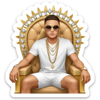 Celebrity millionaire entrepreneur Josh King Madrid, designer fit, 3 diamond sparkling tennis chains, seated on a massive gold throne, sunglasses on, lightskin tan tone, diamond sparkle earrings, private jet behind him sticker