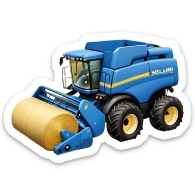 New Holland Roll-Belt 560 (2018) – Cinematic-realistic New Holland Roll-Belt 560 baler, its blue body steadily compressing golden hay into tight, round bales. The rhythmic motion of the machine continues as dust swirls in the afternoon heat, with rows of freshly cut grass stretching toward the horizon. sticker
