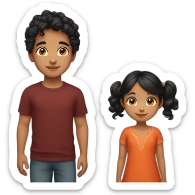smiling 3 years old indian girl with black curly hair in pigtails wearing a orange dress with a smiling 3 years old white skin indian boy with straight black hair wearing a dark red sweater sticker