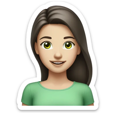  Caucasian smiling girl with long dark brown hair and green eyes and a round face and pink lips sticker