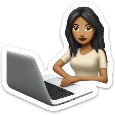 Quiero un emoji de una mujer mexicana pelo negro estudiante CON SU LAPTOP en un escritorio con cafe sticker