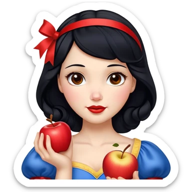 Cinematic Realistic Snow White Portrait, depicted with lifelike skin texture, soft natural lighting, and intricately detailed black hair styled with a red ribbon. Her soft brown eyes radiate innocence and kindness, complemented by a warm, gentle smile. She holds an apple in one hand, her other hand resting against her cheek, embodying her purity and charm. She is dressed in her classic yellow, blue, and red gown, the fabric rich in texture with delicate folds that catch the light beautifully. The portrait features a soft, natural glow with a radiant finish, capturing the essence of timeless beauty in a realistic and painterly style. sticker