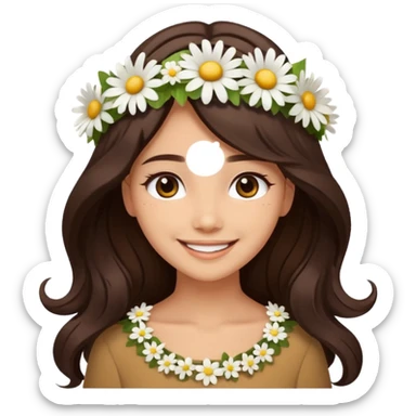 Medium skin tone female, long dark-brown hair with gentle waves, wearing a white daisy floral crown. sticker