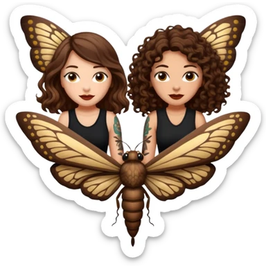 giant moth ride — long wavy brown hair tattooed woman and short tight curly brown hair woman — night flight sticker