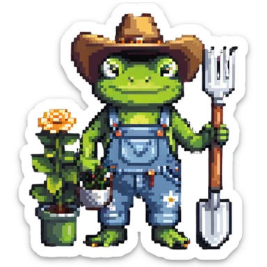 frog wearing a cowboy hat and denim overalls, holding gardening tools sticker