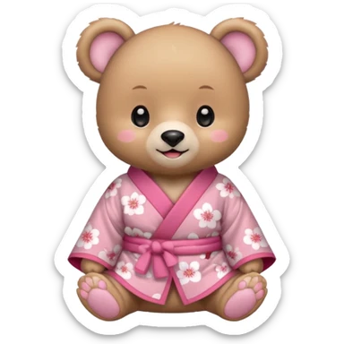 A cute baby bear character in pastel style, standing upright like a human. 
Light brown soft fur, large round ears, rounded paws and feet. 
Big cute black dot eyes, medium blush cheeks, and a tiny smiling mouth. 
Wearing a pink kimono with soft cherry blossom patterns on the sleeves and bottom,  sticker