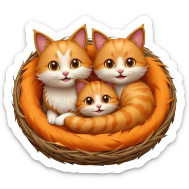 two playful cats sitting in a bird's nest, emoji style, tails curled, joyful sticker