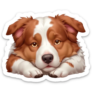 Cinematic Chubby Sleeping Red and White Merle Australian Shepherd Portrait Emoji, Chubby and serene, with a round, adorable build and a striking red and white merle coat, eyes gently closed in peaceful slumber, Simplified yet irresistibly endearing features, highly detailed, glowing with a gentle, dreamy glow, high shine, relaxed and content, stylized with a touch of whimsy, bright and heartwarming, soft glowing outline, capturing the essence of a blissfully sleepy herder, so comically serene it feels like it could roll out of the screen and snore with adorable charm! sticker