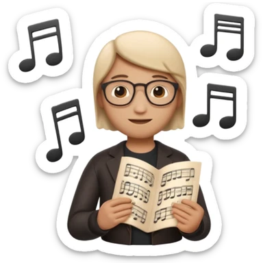 Apple Memoji-style 3D emoji of a composer holding sheet music, soft shading, rounded shapes, no background. sticker