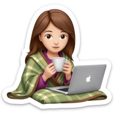 Girl with brown hair in blanket with macbook studying or drinking a tea sticker