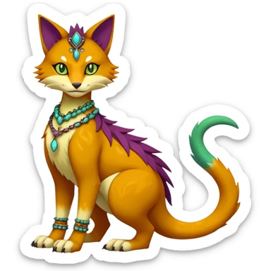 Kawaii cute reddish orangish yellowish greenish purplish exotic tribal beautiful pretty elegant divine edgy feline-vernid-sergal-Fakémon-Pokémon-Digimon-fursona-animal-creature with bracelet, necklace, full body, with intricate detailed markings sticker