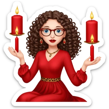 a blue eyed woman with very long brunette curly hair, full lips,and really pale skin. She is wearing a leopard printed thin round-ish glasses . She is wearing fully plain silky red dress. She is flying on the air. There are red candles in her hands. She is making a magic. sticker
