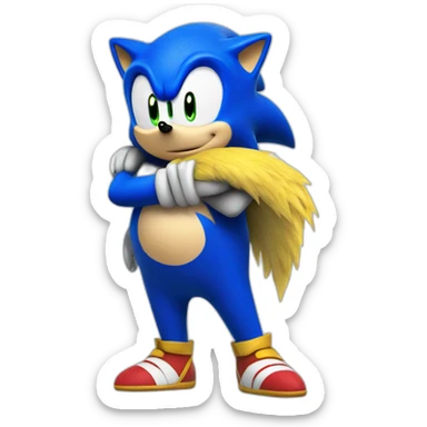 obese blue sonic the hedgehog hugging yellow tails sticker