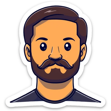 close-up of man face only with mustache and beard, medium eyes, medium light skin tone, dark hair, no neck visible, just the face sticker