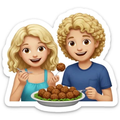 Ragazza bionda leggermente riccia e lunghi che ride ad un ragazzo con i capelli ricci scuri mentre mangia polpette sticker