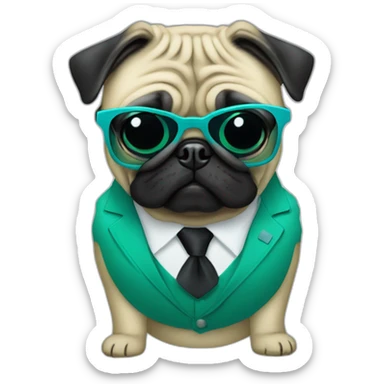 dog pug-in-gradient-green-blue-suit-with-and-black-sunglasses-standing-with-black-shoes sticker