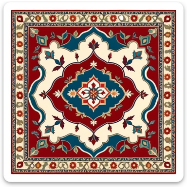 Cinematic Realistic depiction of a richly patterned Turkish carpet, rendered with exquisite details and vibrant colors, set against a soft, warmly lit background that emphasizes its artisanal craftsmanship sticker
