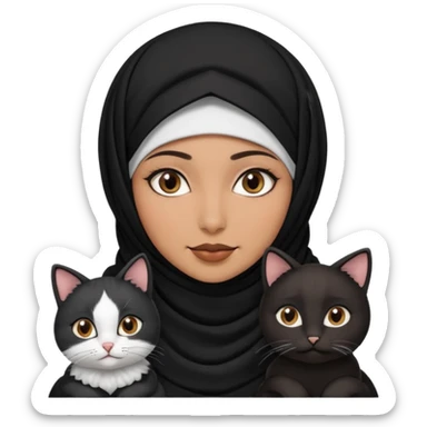 A Arabic woman human with brown eyes and black hijab. , the human is a human no cat ears, two cats, the both cats have the colour black and white in the same colour,   sticker