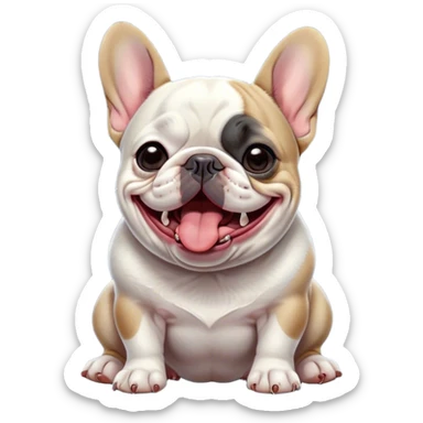 Cinematic Cute Yawning Pied French Bulldog Portrait Emoji, Head tilted with an exaggerated, endearing yawn and sleepy, squinty eyes, showcasing a unique pied fur of contrasting colors with a playful expression, simplified yet irresistibly adorable, highly detailed, glowing with a soft, cozy radiance, high shine, exuding a relaxed, humorous charm, styled with a gentle, soft glowing outline, capturing the essence of a Pied French Bulldog in a blissfully cute yawn that warms the heart! sticker
