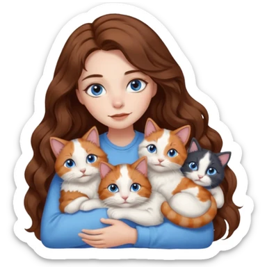 girl with long wavy brown hair, blue eyes, long lashes makeup, cuddling with 6 cats sticker