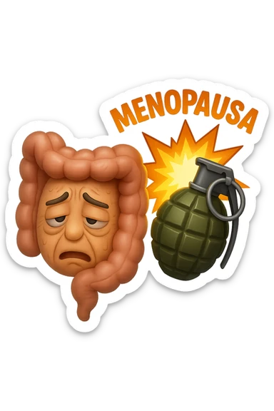 EMOJI STILE IPHONE 3D DI INTESTINO ANZIANO CON RUGHE SFINITO CON ESPRESSIONE STANCA, ACCANTO A LUI SCOPPIA UNA GRANATA 3D CON LA SCRITTA "MENOPAUSA" SOPRA sticker